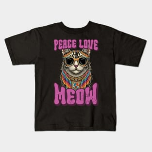 Peace Love Meow, Retro Groovy Style Hippie Cat Lover Design Kids T-Shirt